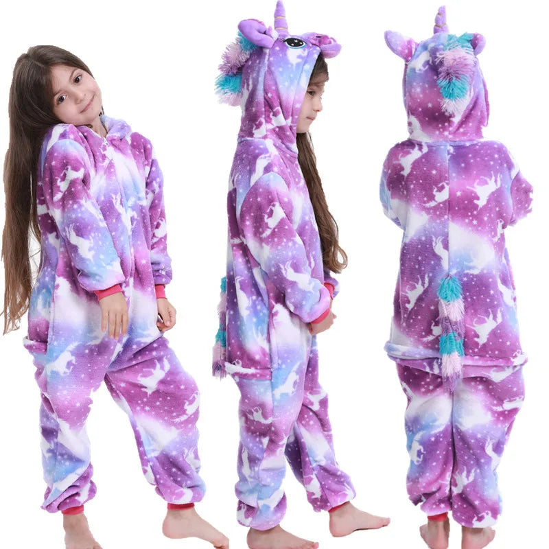 Kids Unicorn Animal Flannel Hooded Onesie Pajamas Warm Sleepwear Costume