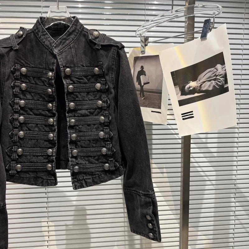 Vintage Washed Punk Denim Jacket for Women Stand Collar Coat