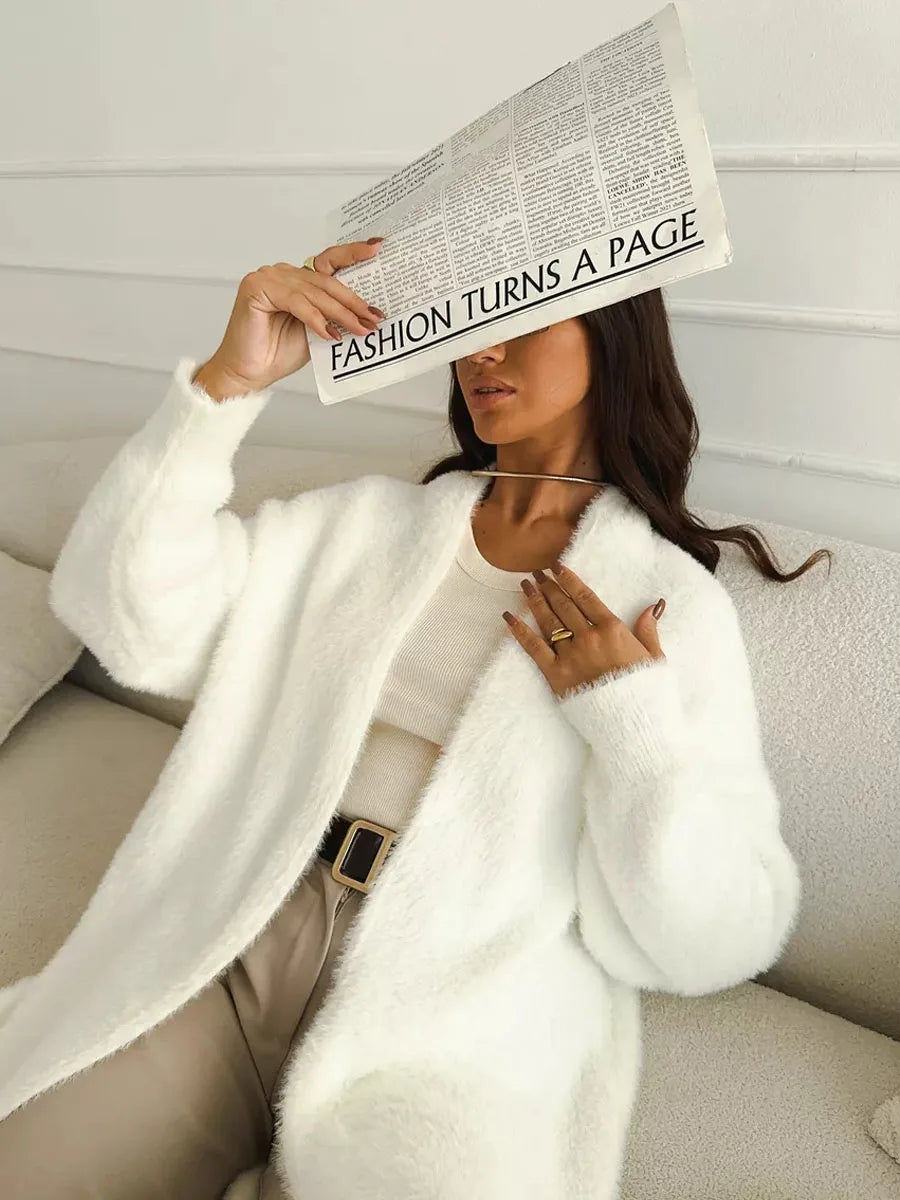 Women White Long Knit Cardigan Fluffy Cashmere Style Winter Sweater Coat