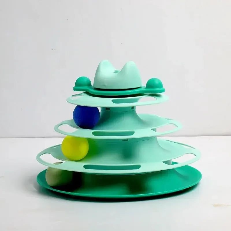 Four Layer Cat Rotating Ball Tower Toy with Feather Stick