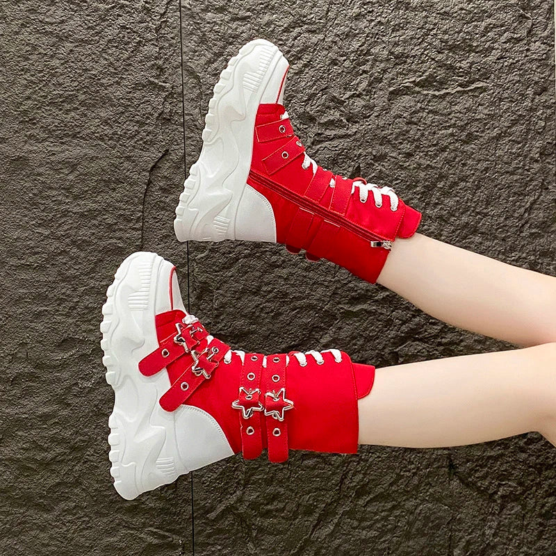 Women Round Toe Lace Up Platform Mid Calf Boots Non Slip Autumn Winter