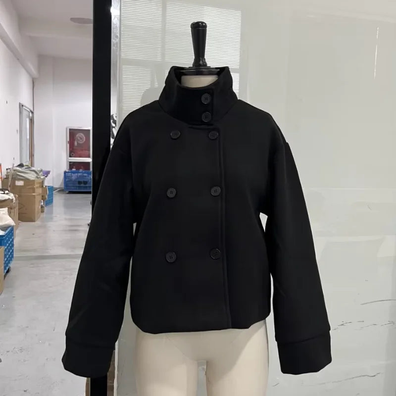 Women Stand Collar Wool Blend Jacket Loose Zip Up Coat
