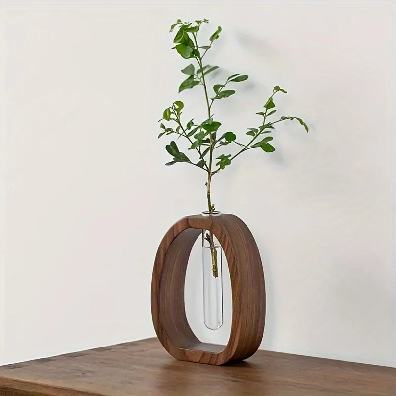 Walnut Wood Hydroponic Vase Glass Plant Holder Mini Flower Arrangement Decor