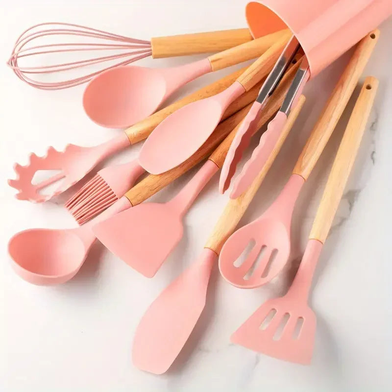 12pcs Silicone Kitchen Utensil Set Wooden Handle Heat Resistant Non Stick Tools