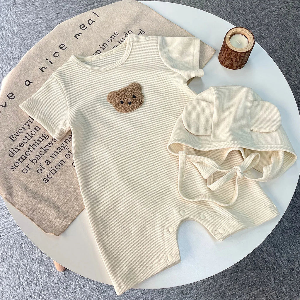 Baby Waffle Cotton Romper Short Sleeve Bear Jumpsuit with Hat
