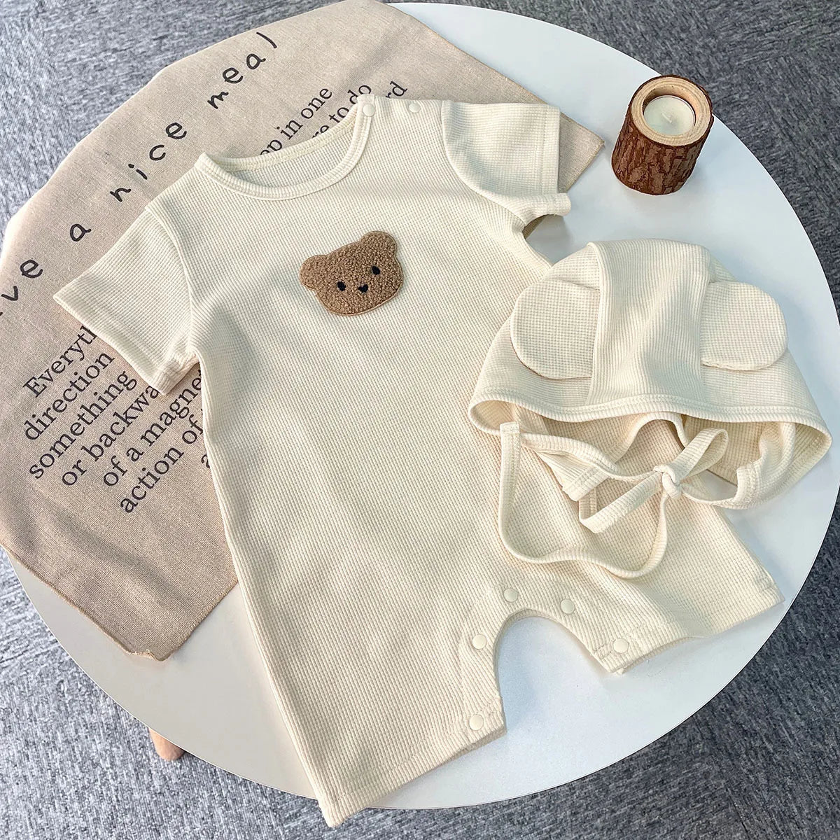 Baby Waffle Cotton Romper Short Sleeve Bear Jumpsuit with Hat