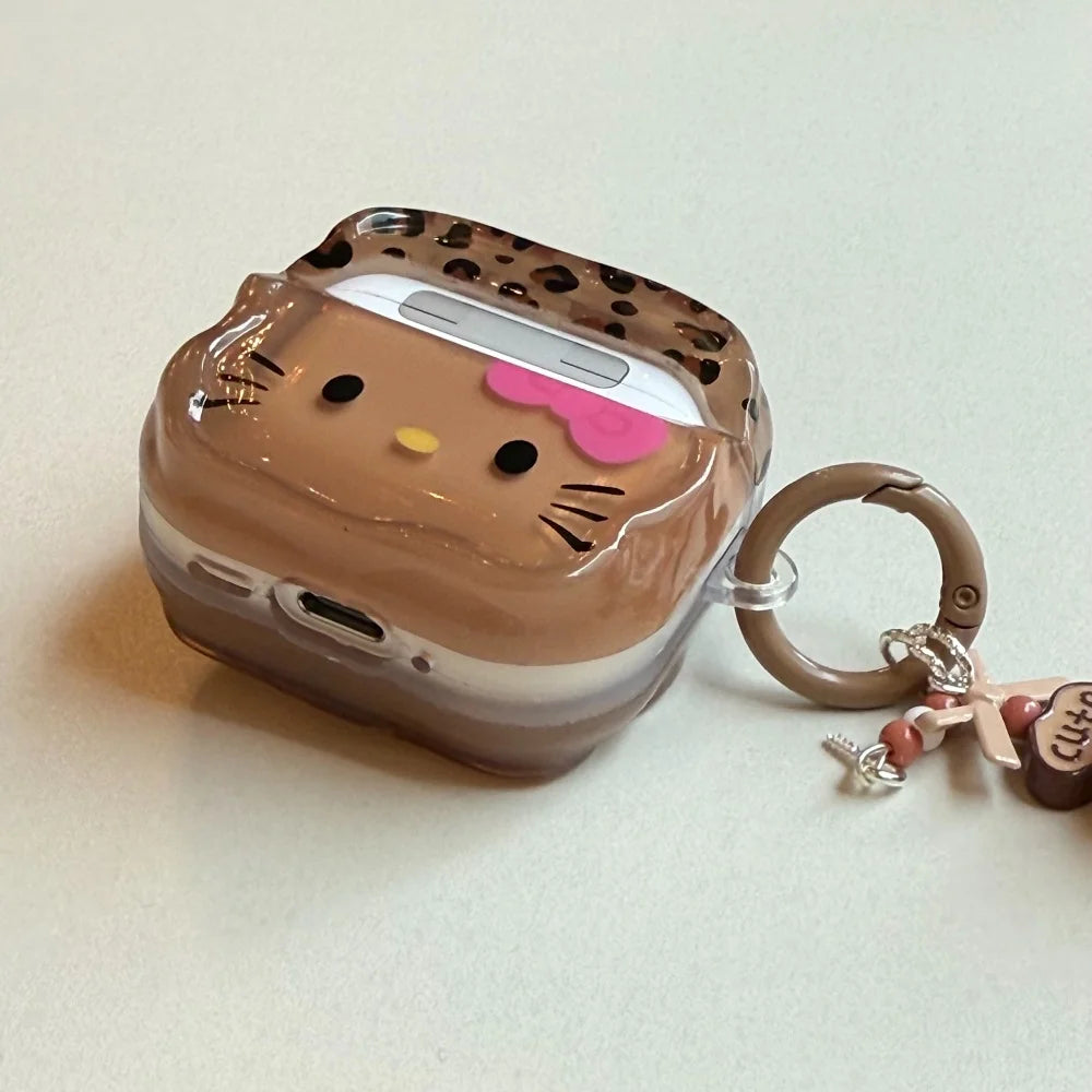 Leopard Print KT Cat AirPods Case 3D Bow Protective Cover with Keychain