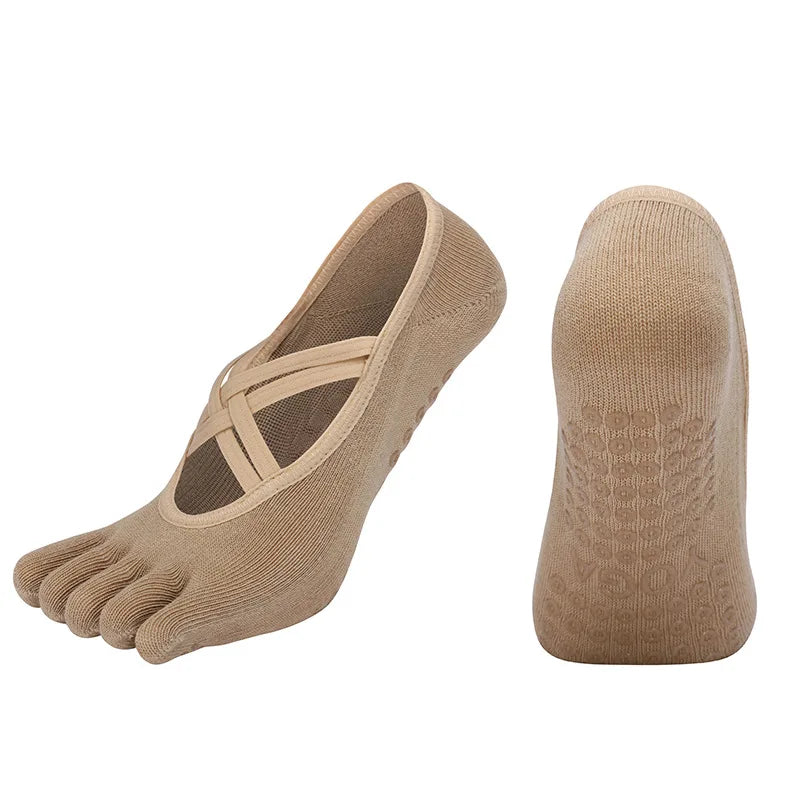 Women Anti Slip Pilates Five Toe Yoga Socks Silicone Grip Cotton Fitness Socks 1–4 Pairs