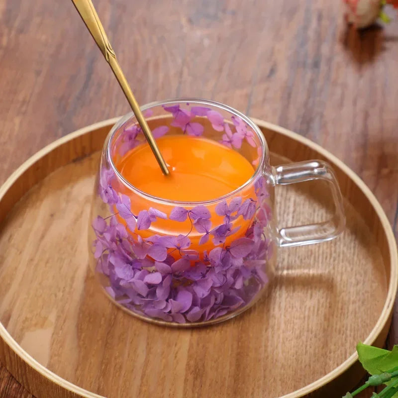 200ml Double Wall Flower Glass Mug with Handle for Coffee and Milk Tea