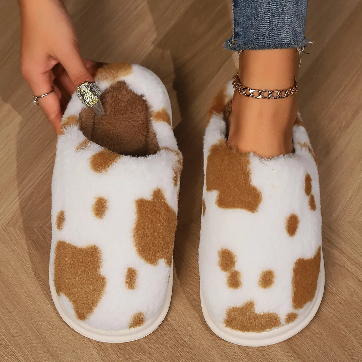 Cow Milk Fuzzy Slippers Women Winter Plush Soft Cozy Cartoon House Bedroom Shoes