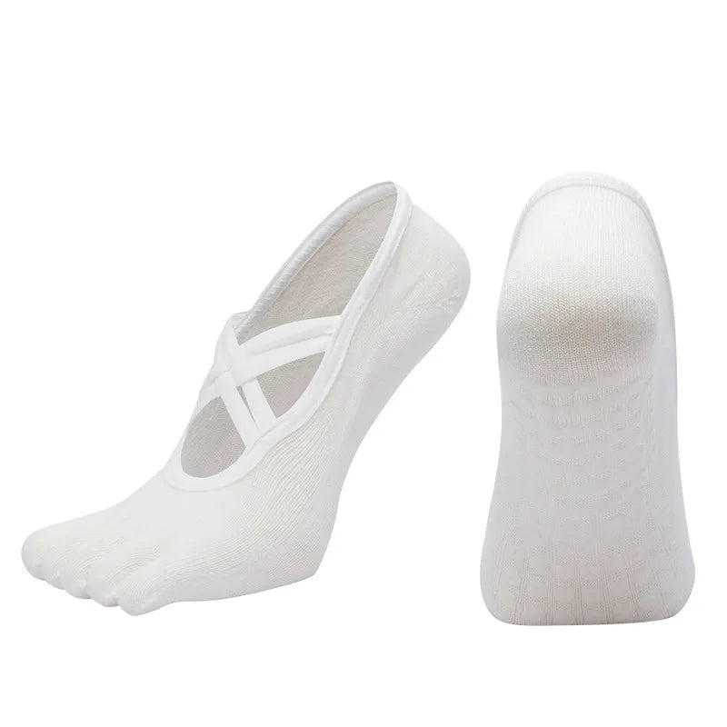 Women Anti Slip Pilates Five Toe Yoga Socks Silicone Grip Cotton Fitness Socks 1–4 Pairs