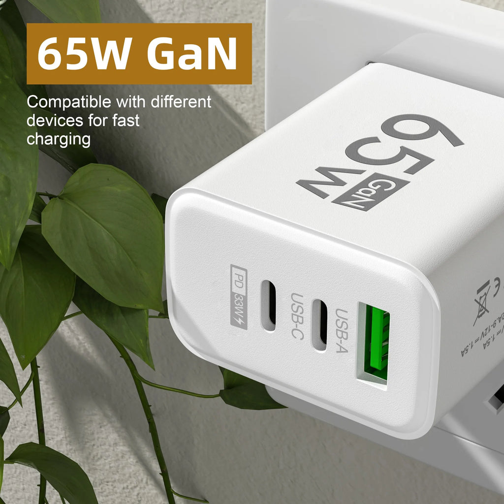 65W 3 Ports GaN USB PD Fast Charging Type C Adapter Quick Charger