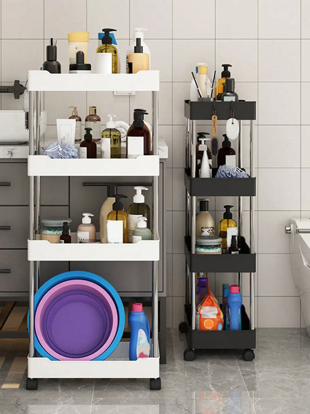 3/4 Tier Rolling Utility Cart Slim Storage Shelf Movable Kitchen Bathroom Rack