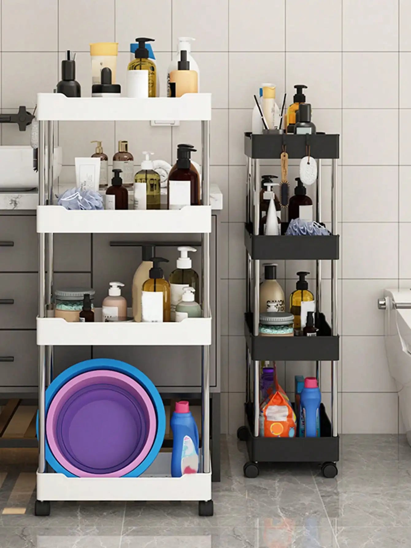 3/4 Tier Rolling Utility Cart Slim Storage Shelf Movable Kitchen Bathroom Rack