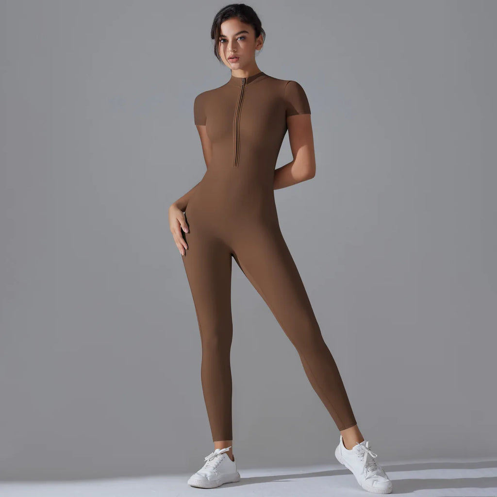 Women Zip Short Sleeve Yoga Jumpsuit Fitness Suit
