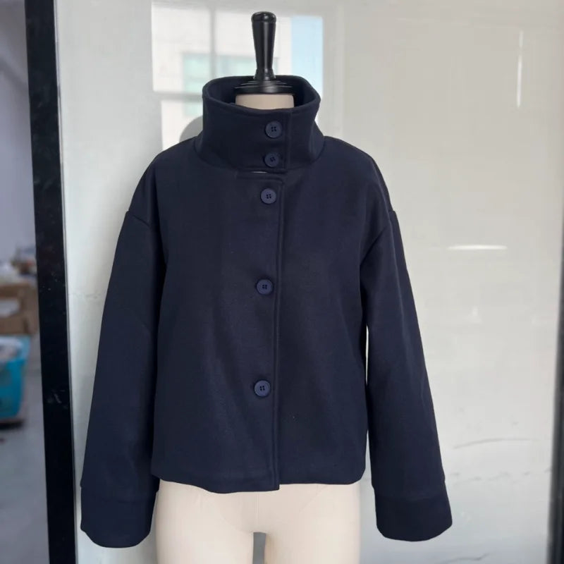 Women Stand Collar Wool Blend Jacket Loose Zip Up Coat