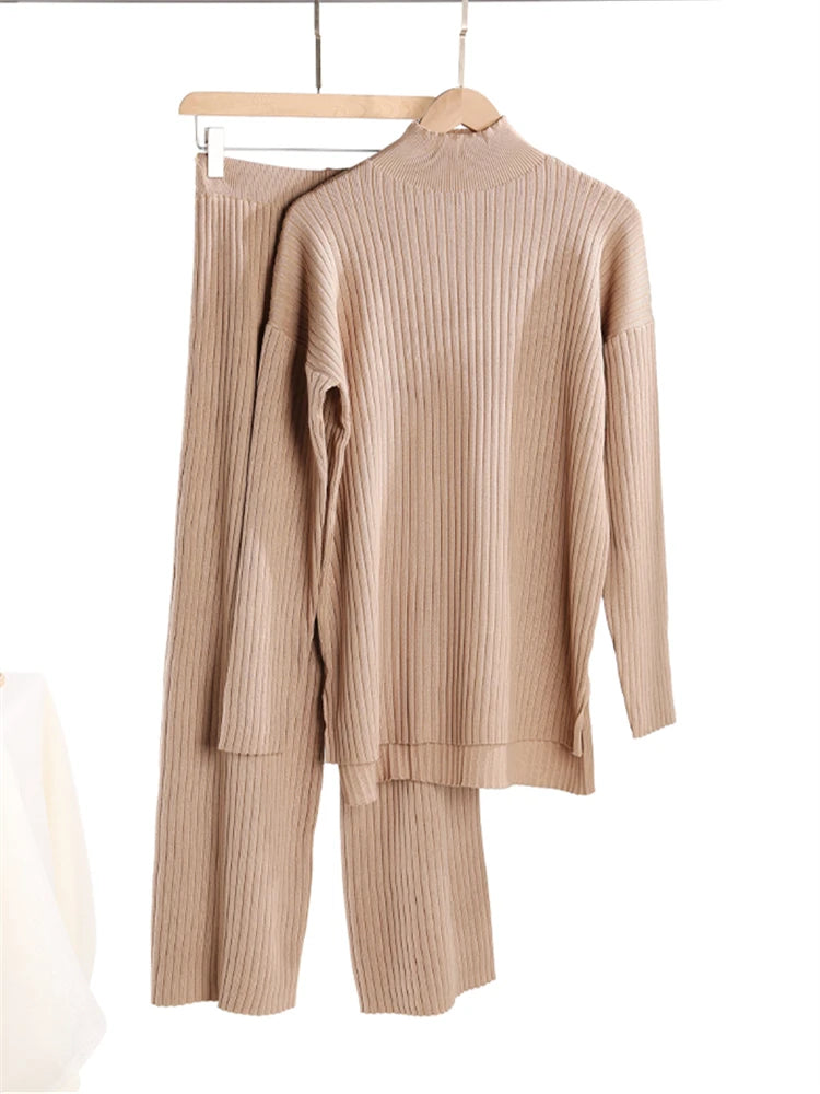 Women Knitted Two Piece Set Turtleneck Sweater and Straight Jogger Pants Winter Tracksuit