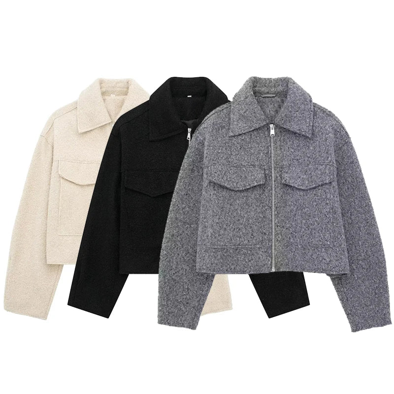 Women Grey Zip Up Jacket Vintage Lapel Long Sleeve Coat with Pockets
