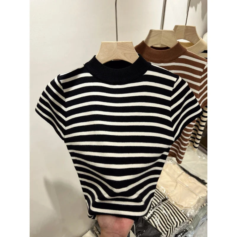 Women Half Turtleneck Striped Knit Top Slim Fit Short Sleeve Sweater