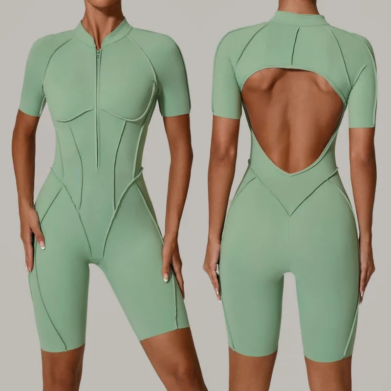 Women Zip Gym Jumpsuit Open Back Yoga Fitness Tracksuit Sports Bodysuit