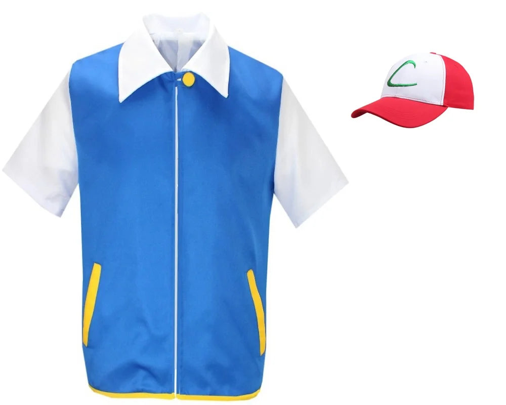Men Boys Anime Trainer Cosplay Costume Blue Jacket Cap Gloves Set