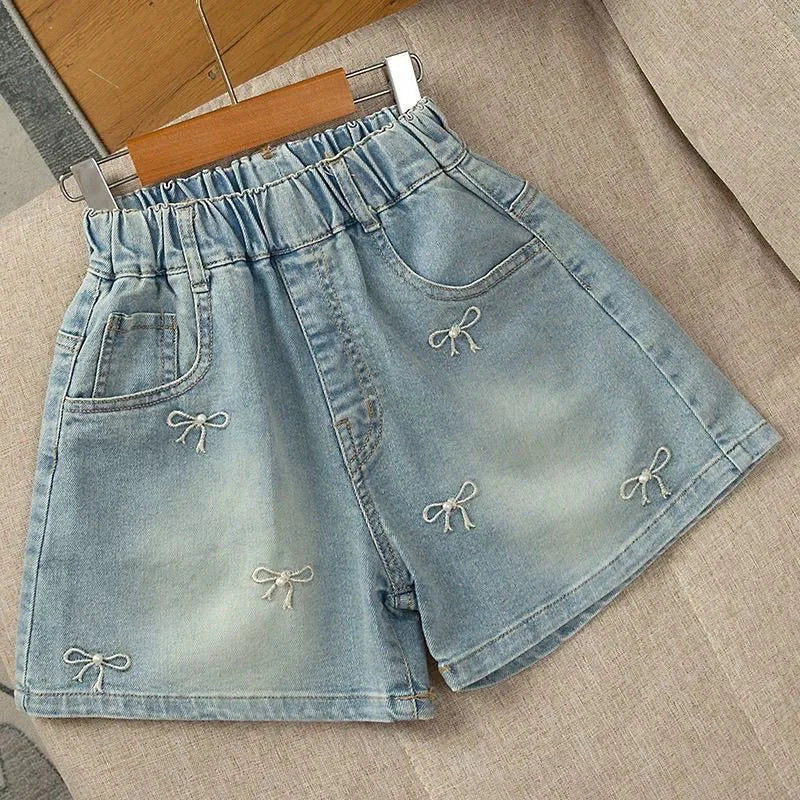 Girls Embroidered Bow Denim Shorts Summer Cotton Jeans 2 to 12 Years