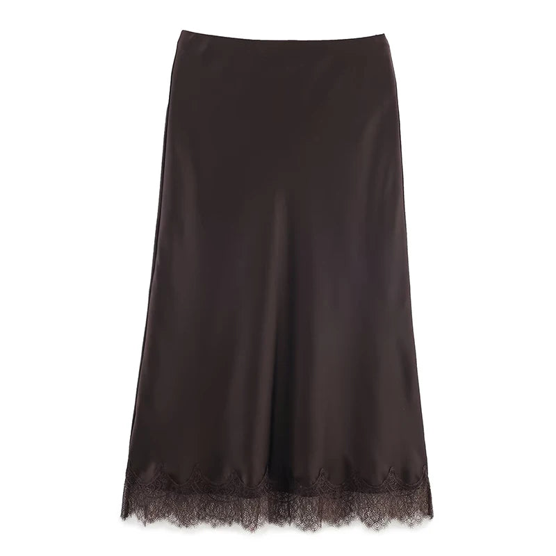 Women Lace Detail Pleated A Line Midi Skirt High Waist Elegant Skirt