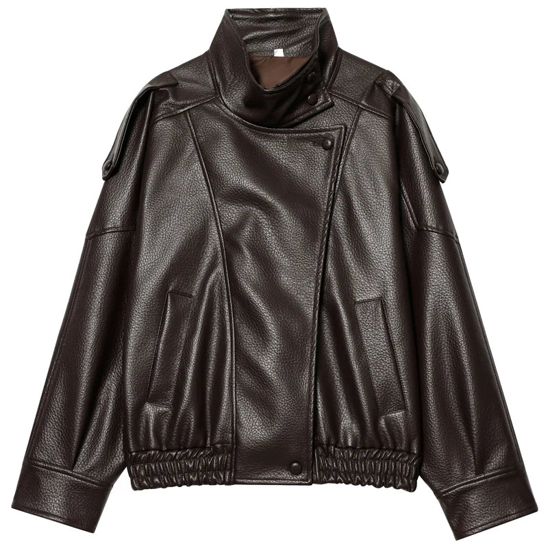 Women Black Cropped Faux Leather Bomber Jacket Oversize Zip Up Coat