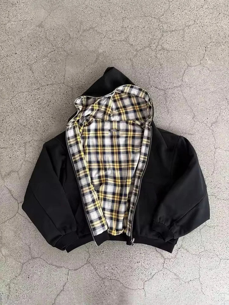 Women Plaid Zip Up Hoodie Double Sided Warm Hooded Sweatshirt
