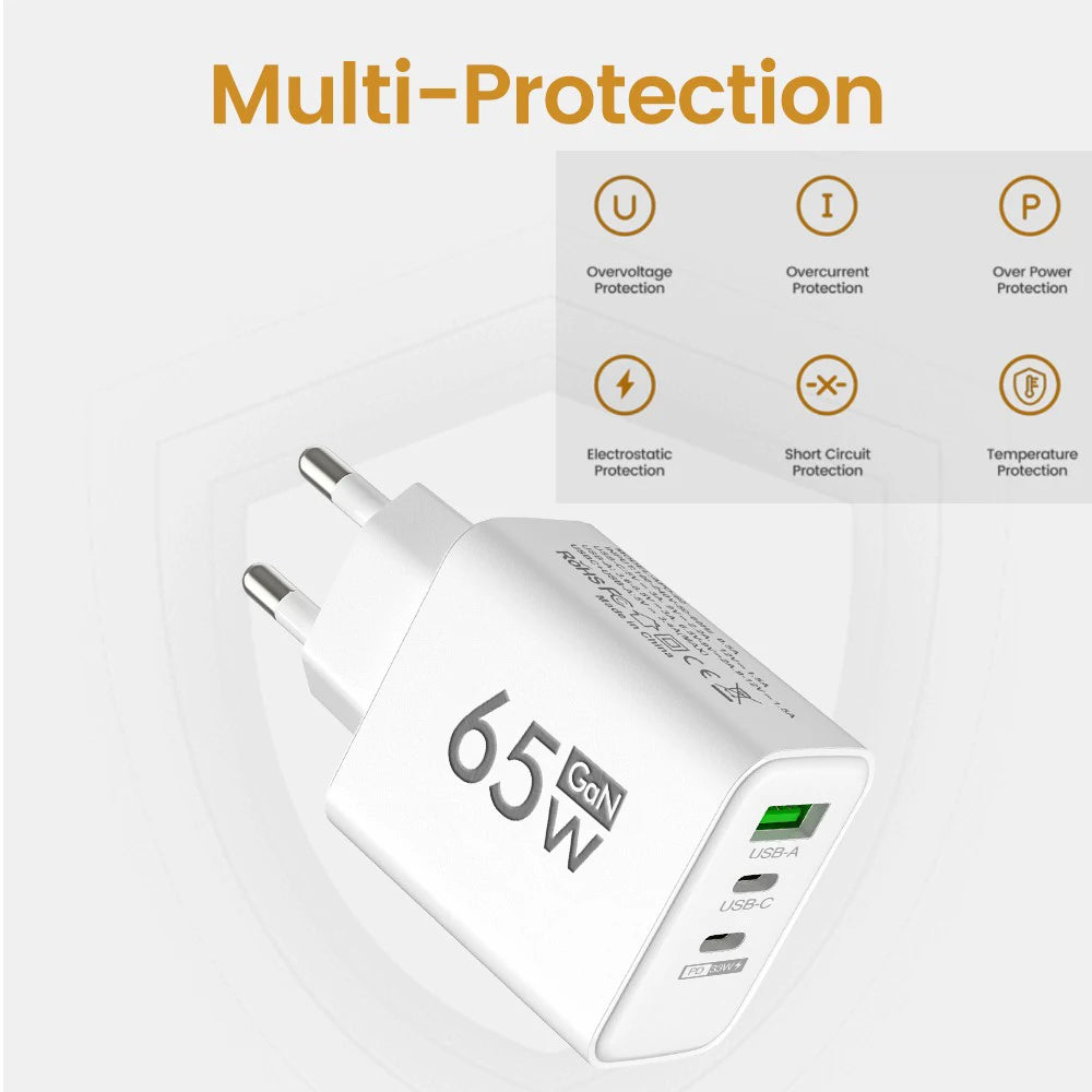 65W 3 Ports GaN USB PD Fast Charging Type C Adapter Quick Charger