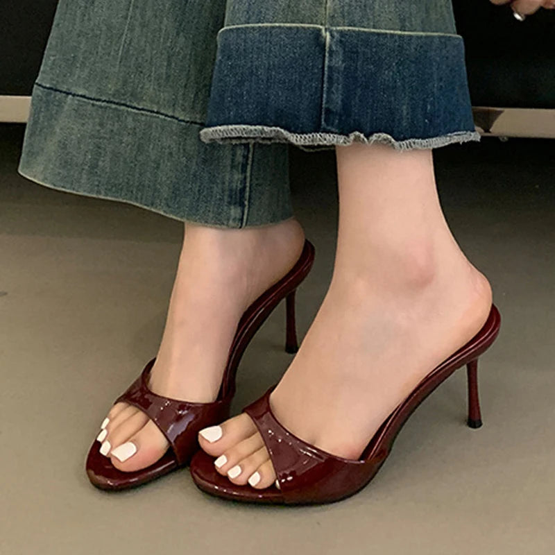 Wine Red Patent Leather Mule Heels for Women Open Toe Sandals