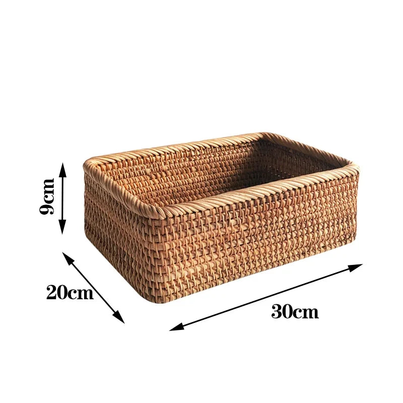 Hand Woven Rattan Basket Rectangular Storage Fruit Bread Snack Cosmetic Organizer