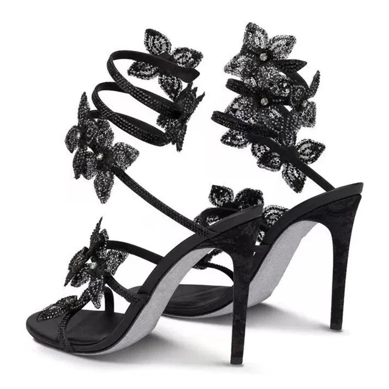 Women Crystal Flower High Heel Sandals Ankle Strap Thin Party Shoes