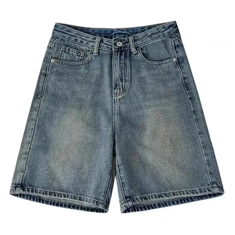 Women Denim Shorts High Waist Wide Leg Knee Length Casual Jeans Summer Fashion