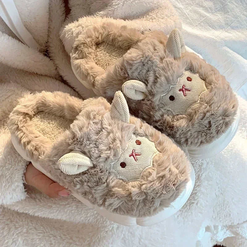 Winter Cartoon Plush Slippers Faux Fur Sheep Design Warm Indoor Couple Home Shoes