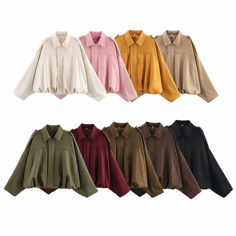 Women Bomber Jacket Vintage Turn Down Collar Loose Fit Coat Chic Outerwear