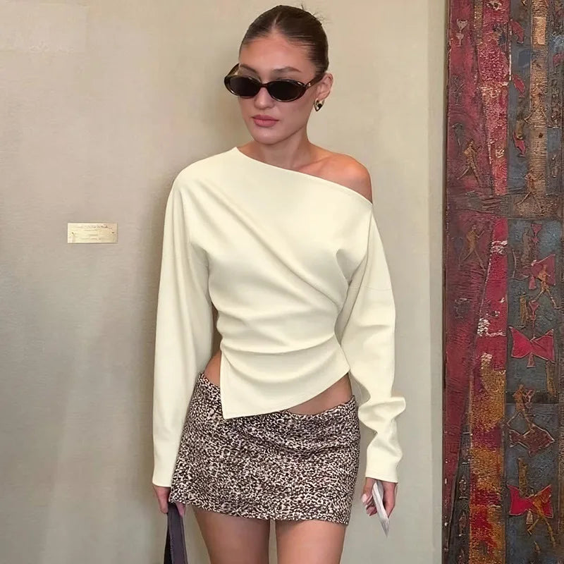 Women Slim Fit Long Sleeve Slit Top Strapless Pleated Party Streetwear