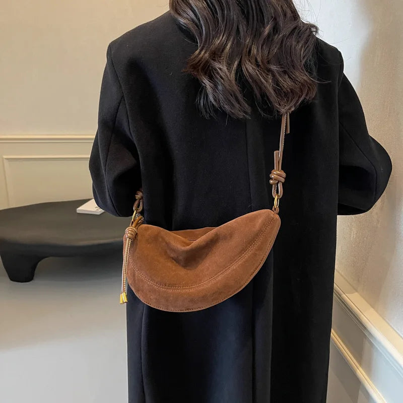 Women Faux Suede Shoulder Bag Underarm Crossbody Dumpling Bag