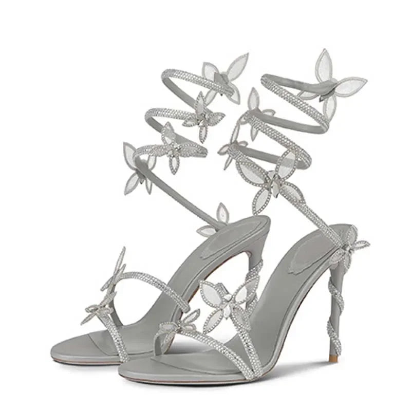 Women Crystal Flower High Heel Sandals Ankle Strap Thin Party Shoes