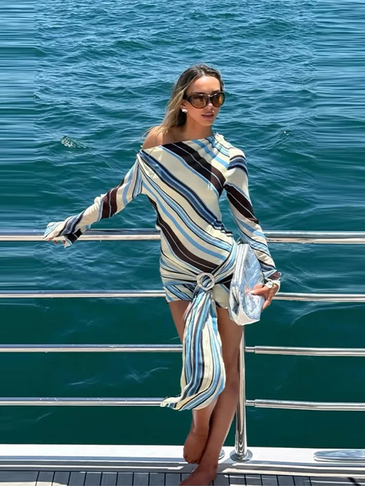 Women Stripe Print Off Shoulder Mini Dress Long Sleeve Beach Vacation Dress