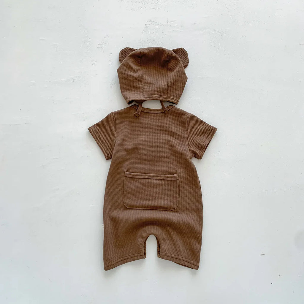 Baby Waffle Cotton Romper Short Sleeve Bear Jumpsuit with Hat