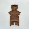 Baby Waffle Cotton Romper Short Sleeve Bear Jumpsuit with Hat