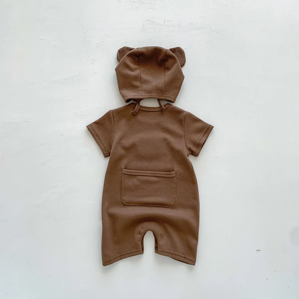 Baby Waffle Cotton Romper Short Sleeve Bear Jumpsuit with Hat