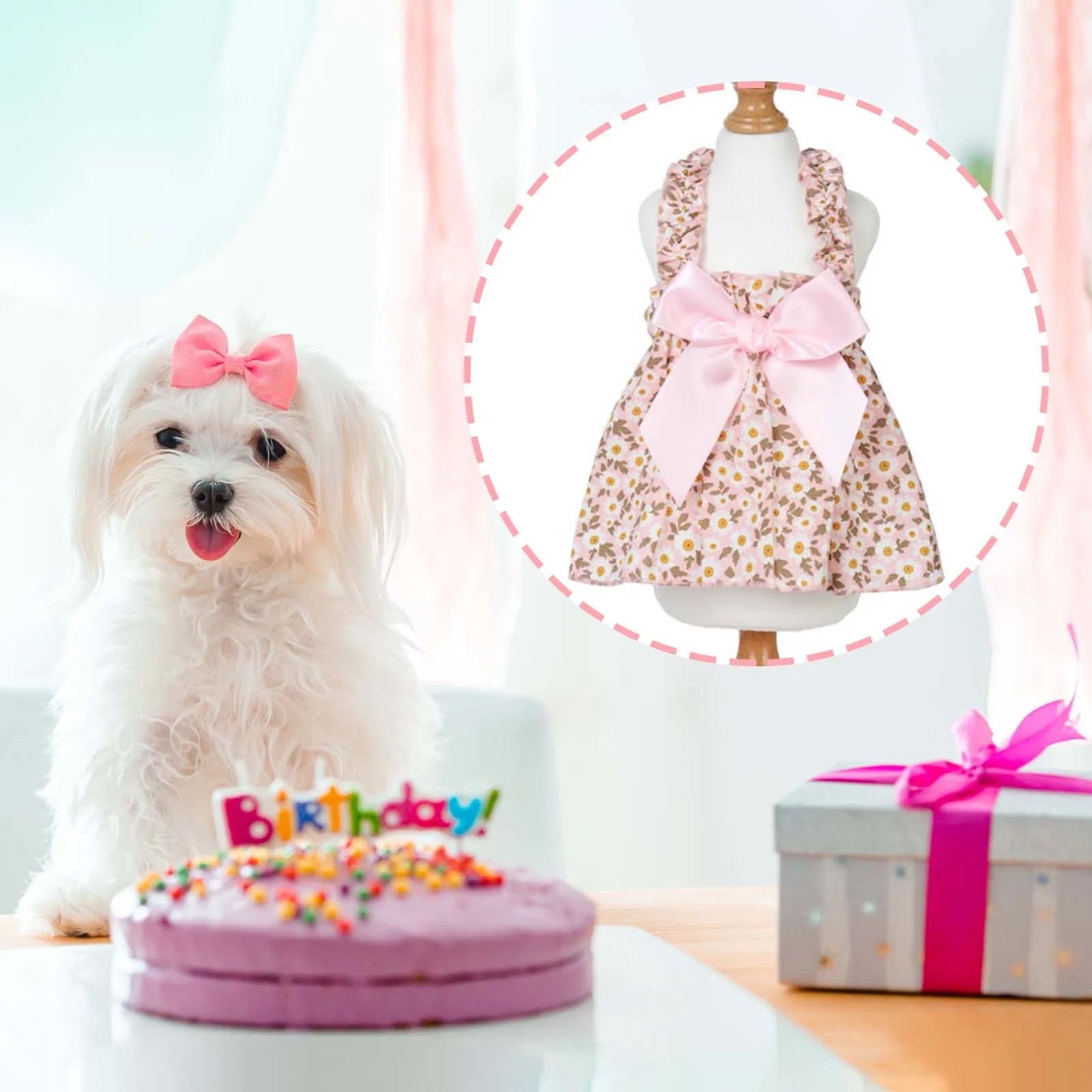 Pink Floral Pet Dress Cute Summer Skirt for Small Dogs Cats