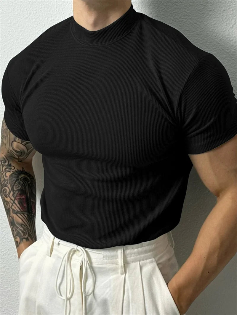 Men High Collar Stripe T Shirt Short Sleeve Summer Fitness Sport Casual Top