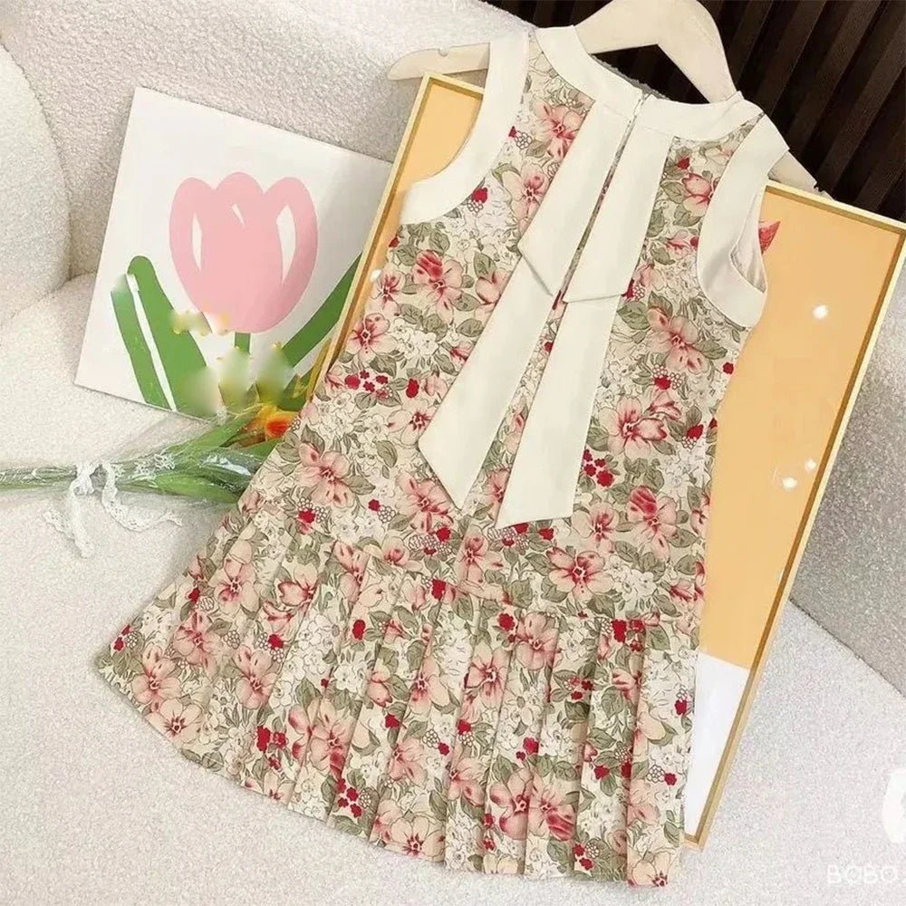 Girls Rose Pink Plaid Bow Midi Dress Princess Party Sundress