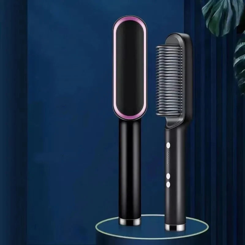 Electric PTC Heating Brush 3-in-1 Hair Dryer Straightener Curler Ceramic Flat Iron Comb