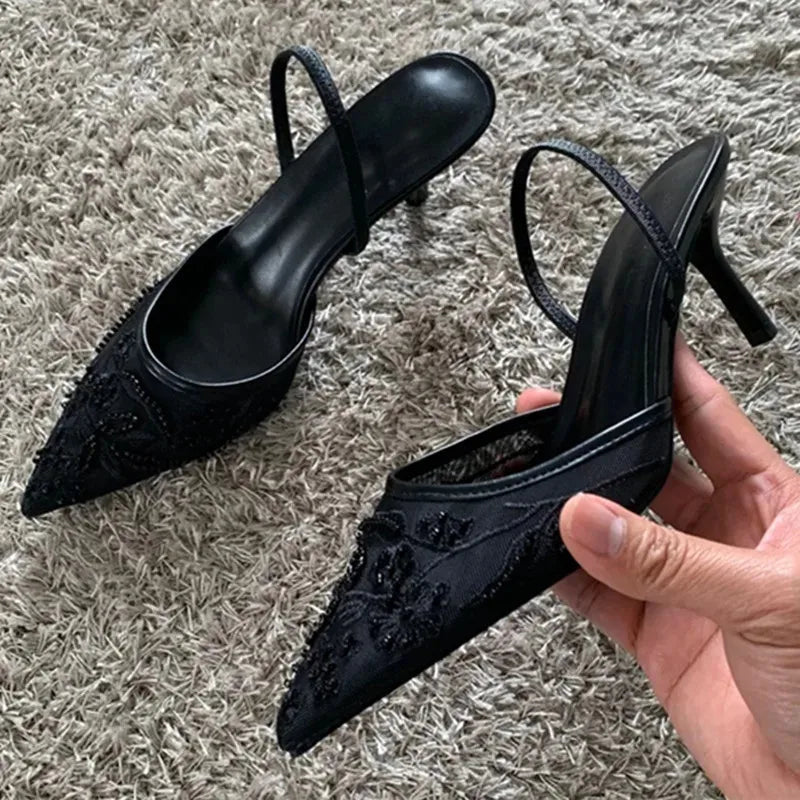 Women Mesh Pointed Toe High Heels Elegant Beaded Pumps Summer Sandals