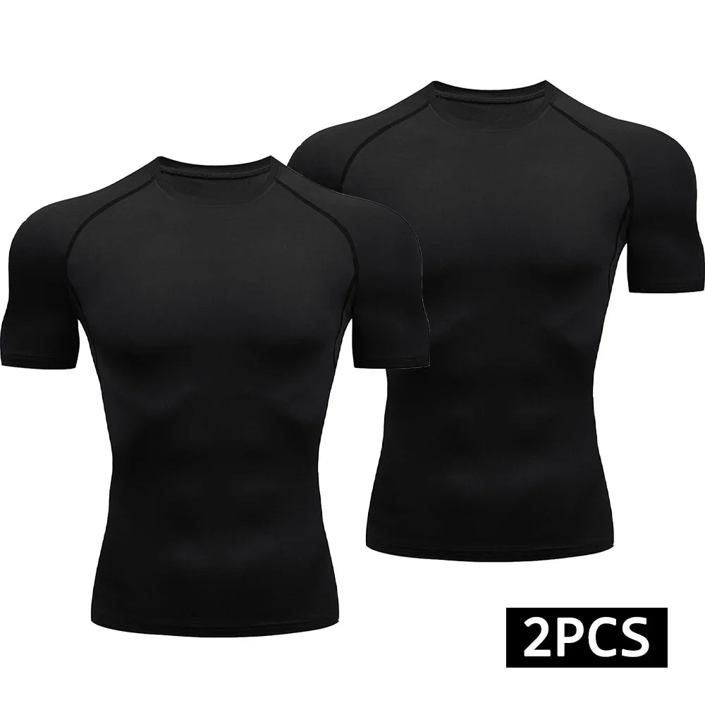 Men 2 Piece Compression T Shirt Set Quick Dry Running Gym Fitness Sport Tops