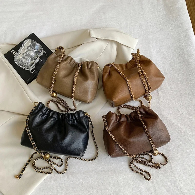 Women Chain Shoulder Bag Pleated Hobo Crossbody Tote Stylish Casual Purse